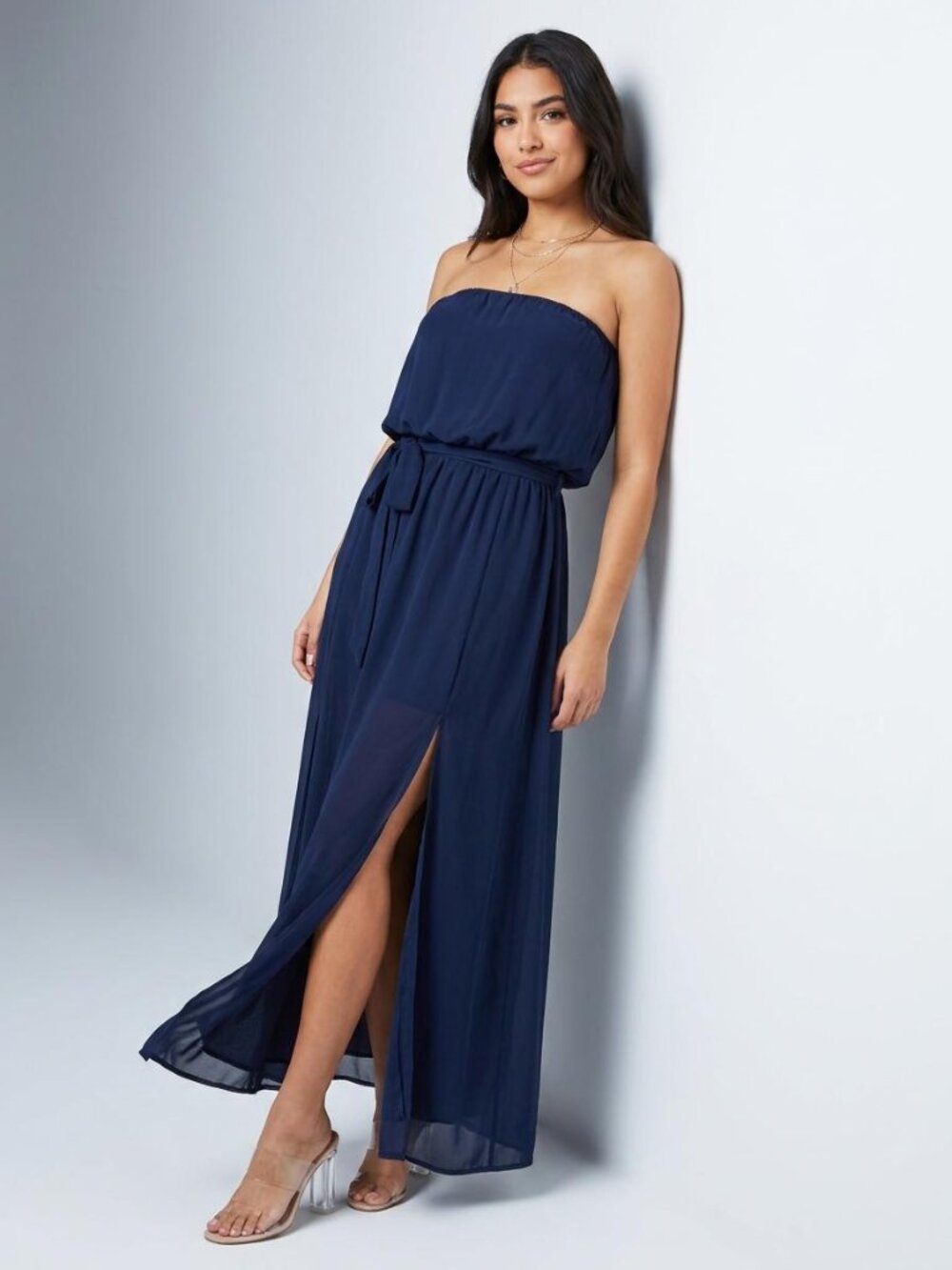 NWT Y2K Forever 21 Strapless Tie-Waist Maxi Dress with Slit - Navy